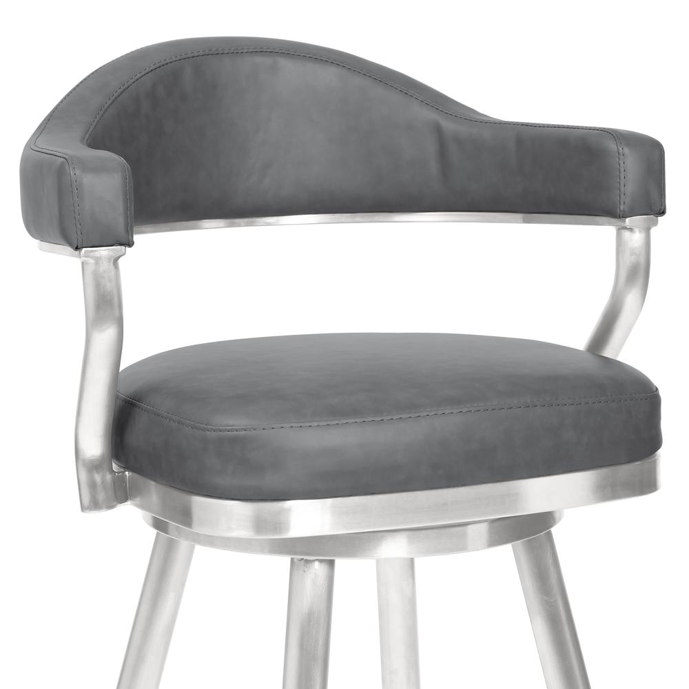 Justin 26" Counter Height Barstool in Brushed Stainless Steel and Vintage Grey Faux Leather. Picture 3