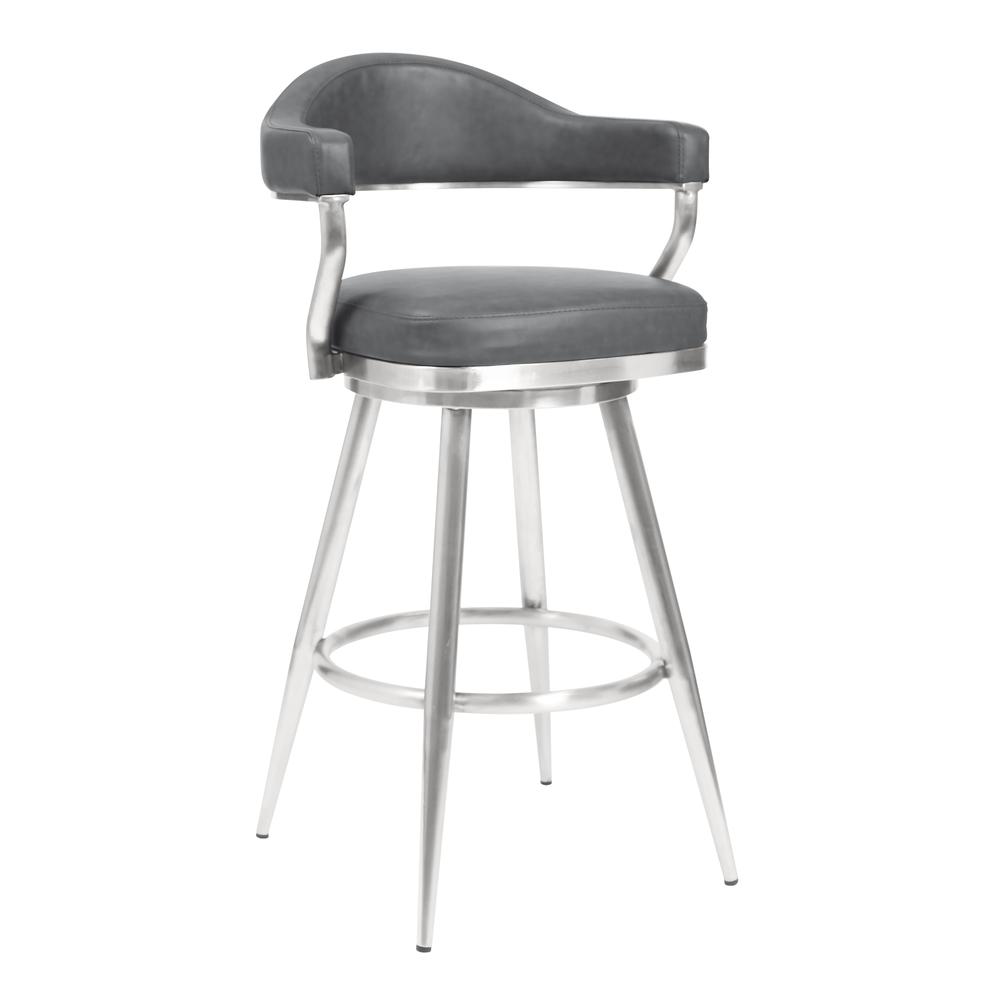 Justin 30" Bar Height Barstool in Brushed Stainless Steel and Vintage Grey Faux Leather. Picture 1