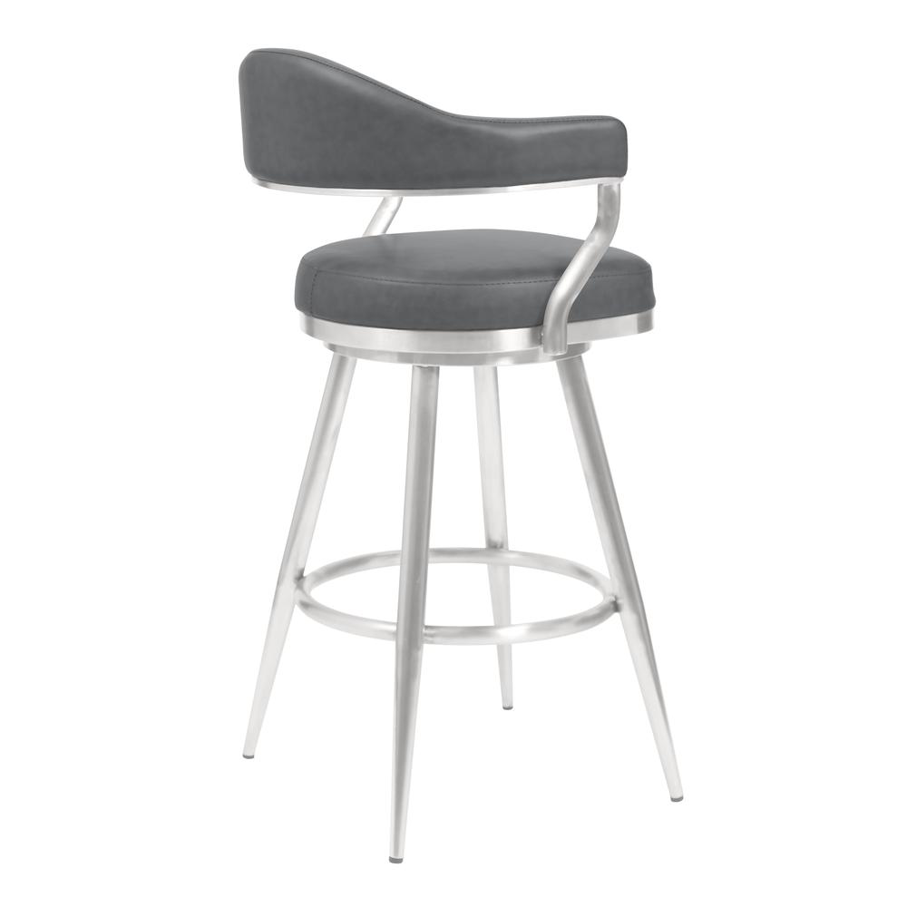 30" Bar Height Barstool in Brushed Stainless Steel - Vintage Grey Faux Leather. Picture 2