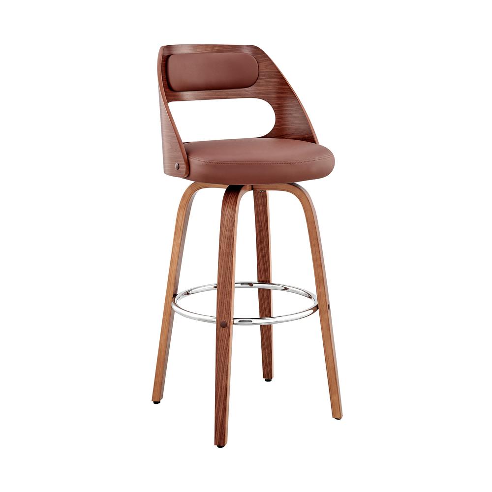 Julius 26" Brown Faux Leather and Walnut Wood Bar Stool. Picture 1