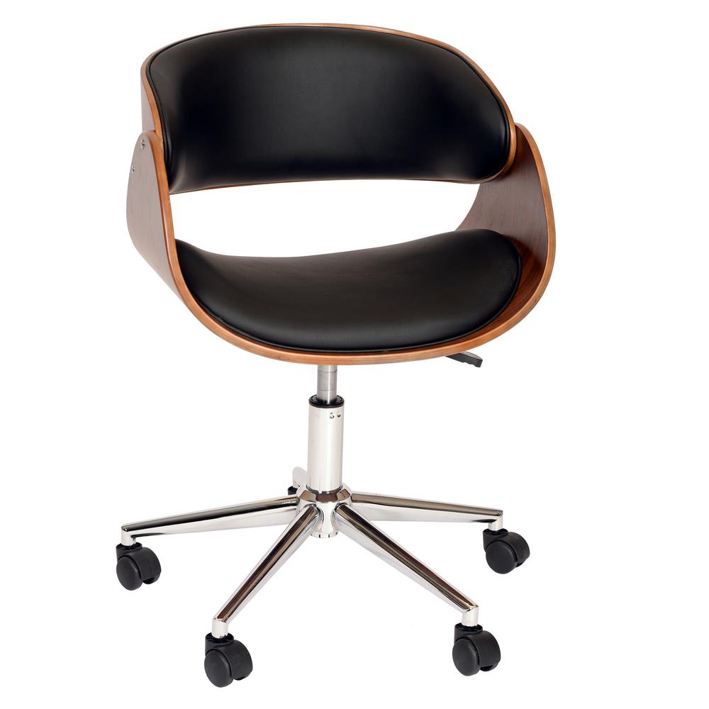 Modern Office Chair In Chrome Finish with Black Faux Leather - Walnut Veneer Back. Picture 1
