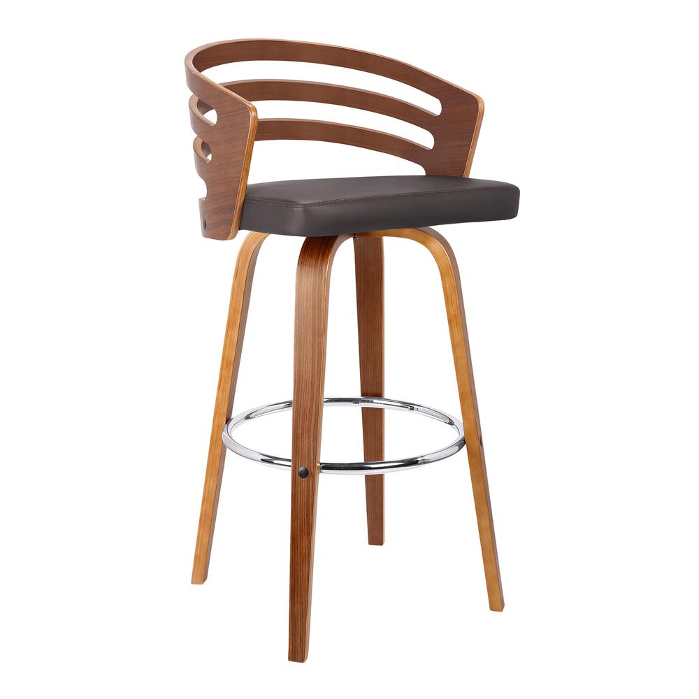 Armen living Jayden 26" Mid-Century Swivel Counter Height Barstool in Brown Faux Leather with Walnut Veneer. The main picture.