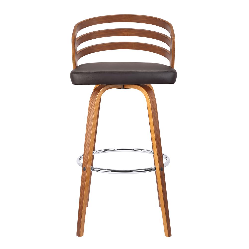Armen living Jayden 26" Mid-Century Swivel Counter Height Barstool in Brown Faux Leather with Walnut Veneer. Picture 2