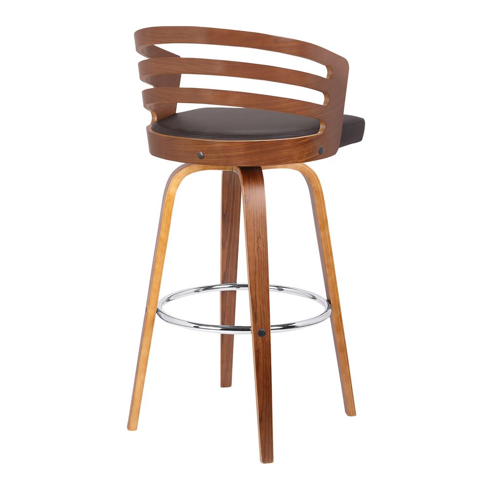 Armen living Jayden 26" Mid-Century Swivel Counter Height Barstool in Brown Faux Leather with Walnut Veneer. Picture 3