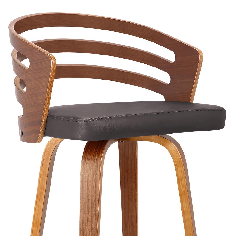 Armen living Jayden 26" Mid-Century Swivel Counter Height Barstool in Brown Faux Leather with Walnut Veneer. Picture 4