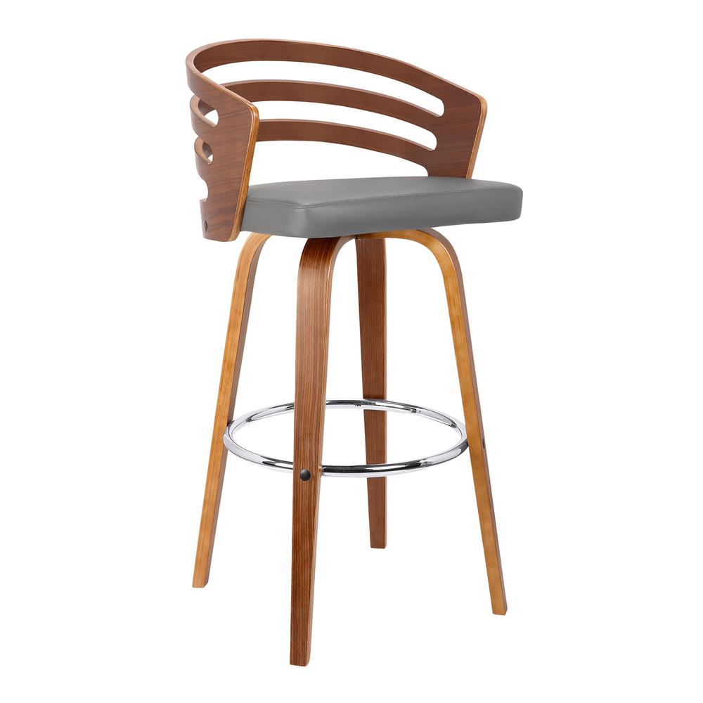 Armen living Jayden 26" Mid-Century Swivel Counter Height Barstool in Grey Faux Leather with Walnut Veneer. Picture 1