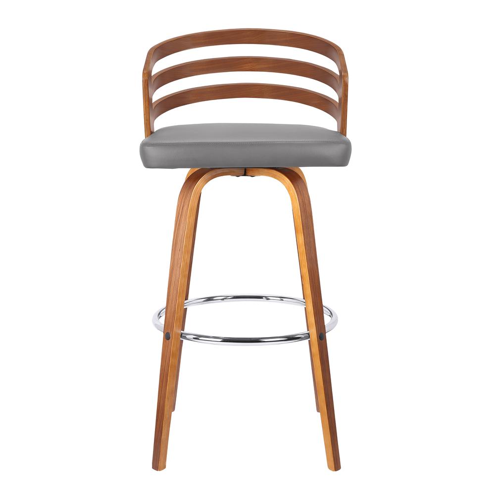 Armen living Jayden 26" Mid-Century Swivel Counter Height Barstool in Grey Faux Leather with Walnut Veneer. Picture 2