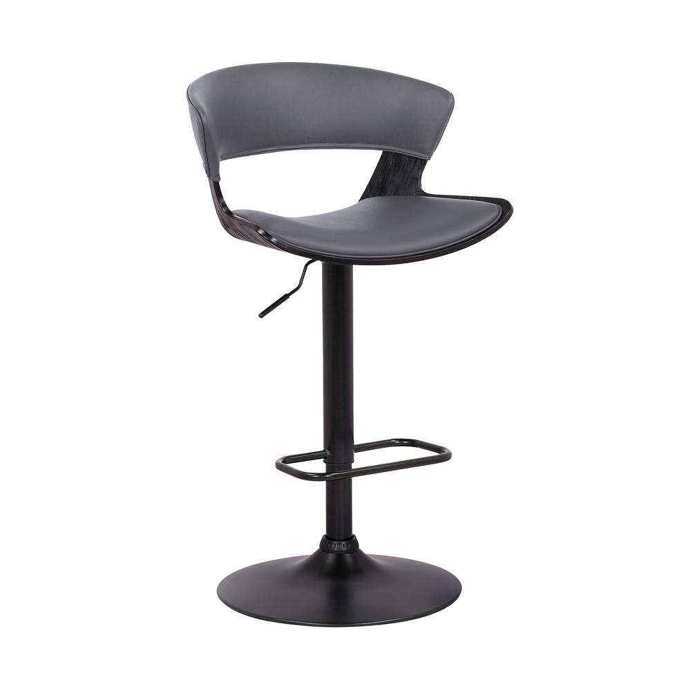 Karine Adjustable Swivel Grey Faux Leather and Black Wood Bar Stool with Black Base. The main picture.