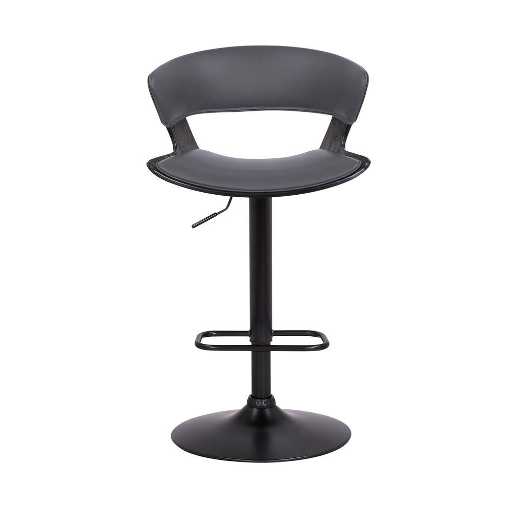 Karine Adjustable Swivel Grey Faux Leather and Black Wood Bar Stool with Black Base. Picture 2