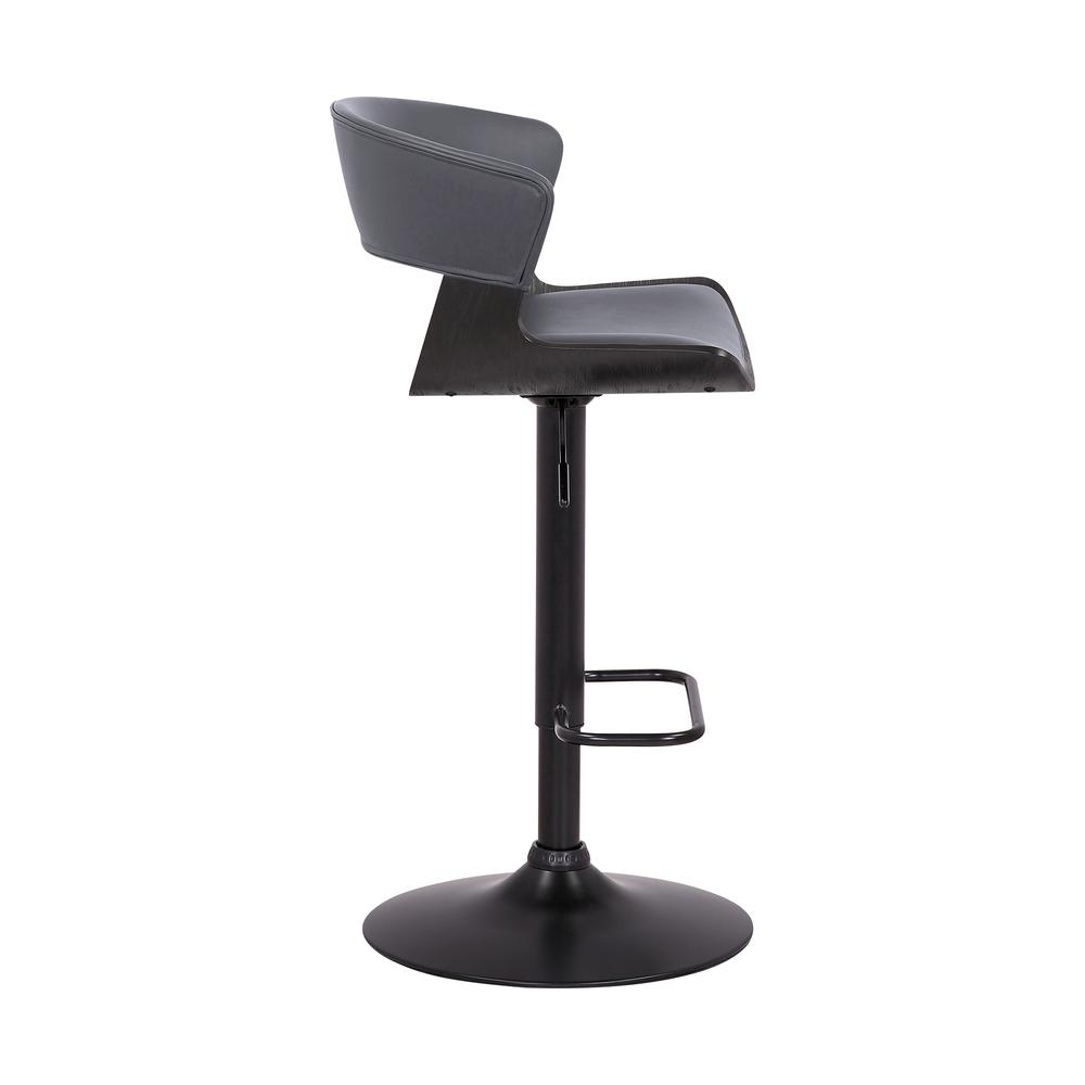 Karine Adjustable Swivel Grey Faux Leather and Black Wood Bar Stool with Black Base. Picture 3