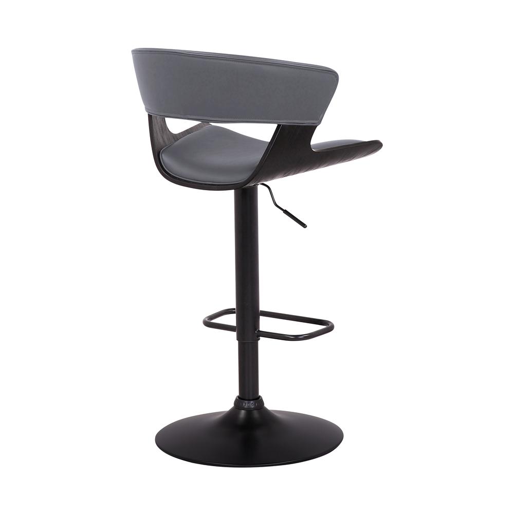 Karine Adjustable Swivel Grey Faux Leather and Black Wood Bar Stool with Black Base. Picture 4