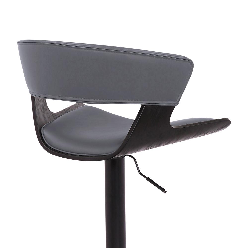 Karine Adjustable Swivel Grey Faux Leather and Black Wood Bar Stool with Black Base. Picture 7