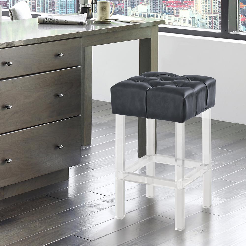Contemporary 26" Counter Height Barstool in Grey Faux Leather with Acrylic Legs. Picture 4
