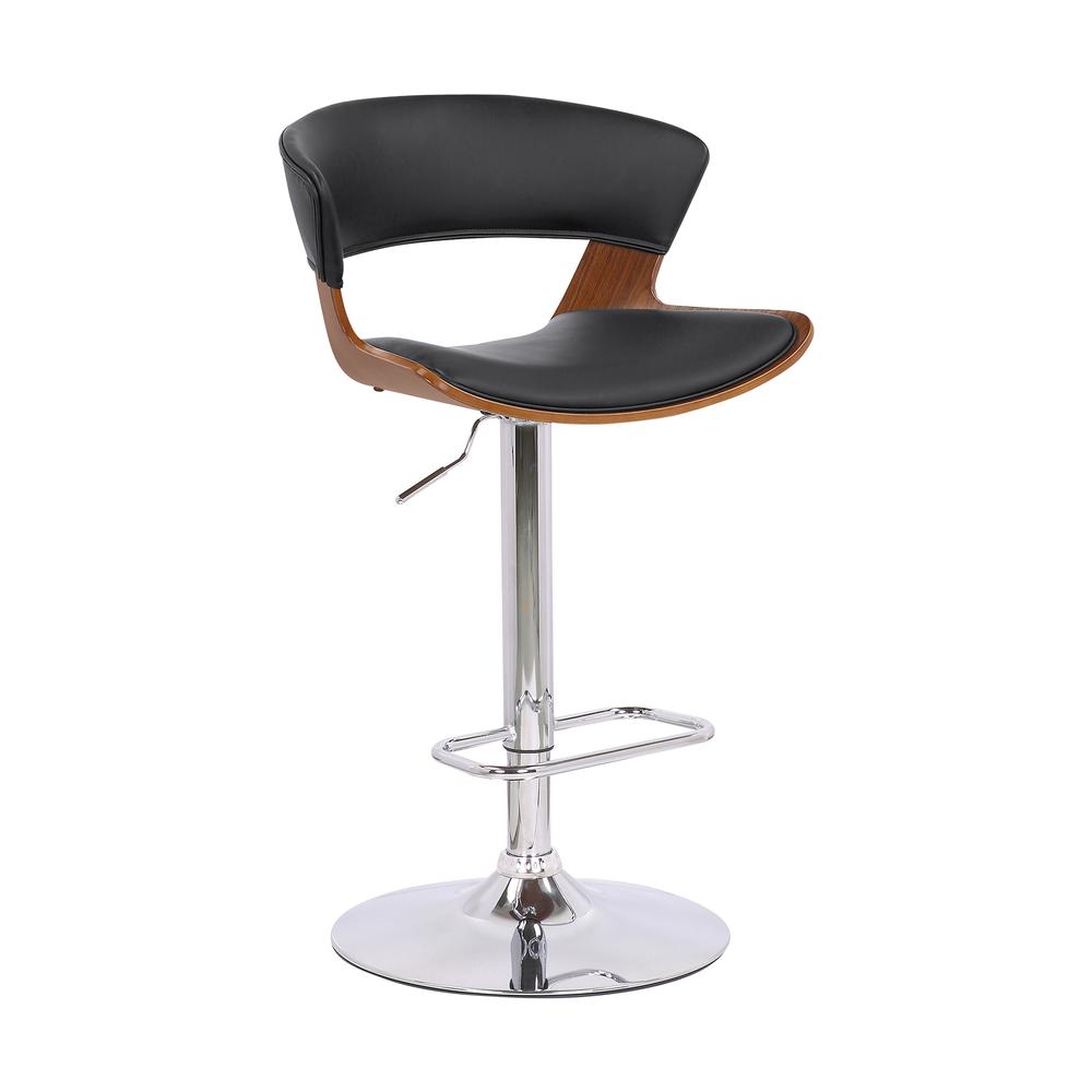 Karine Adjustable Swivel Black Faux Leather and Walnut Wood Bar Stool with Black Base. Picture 1