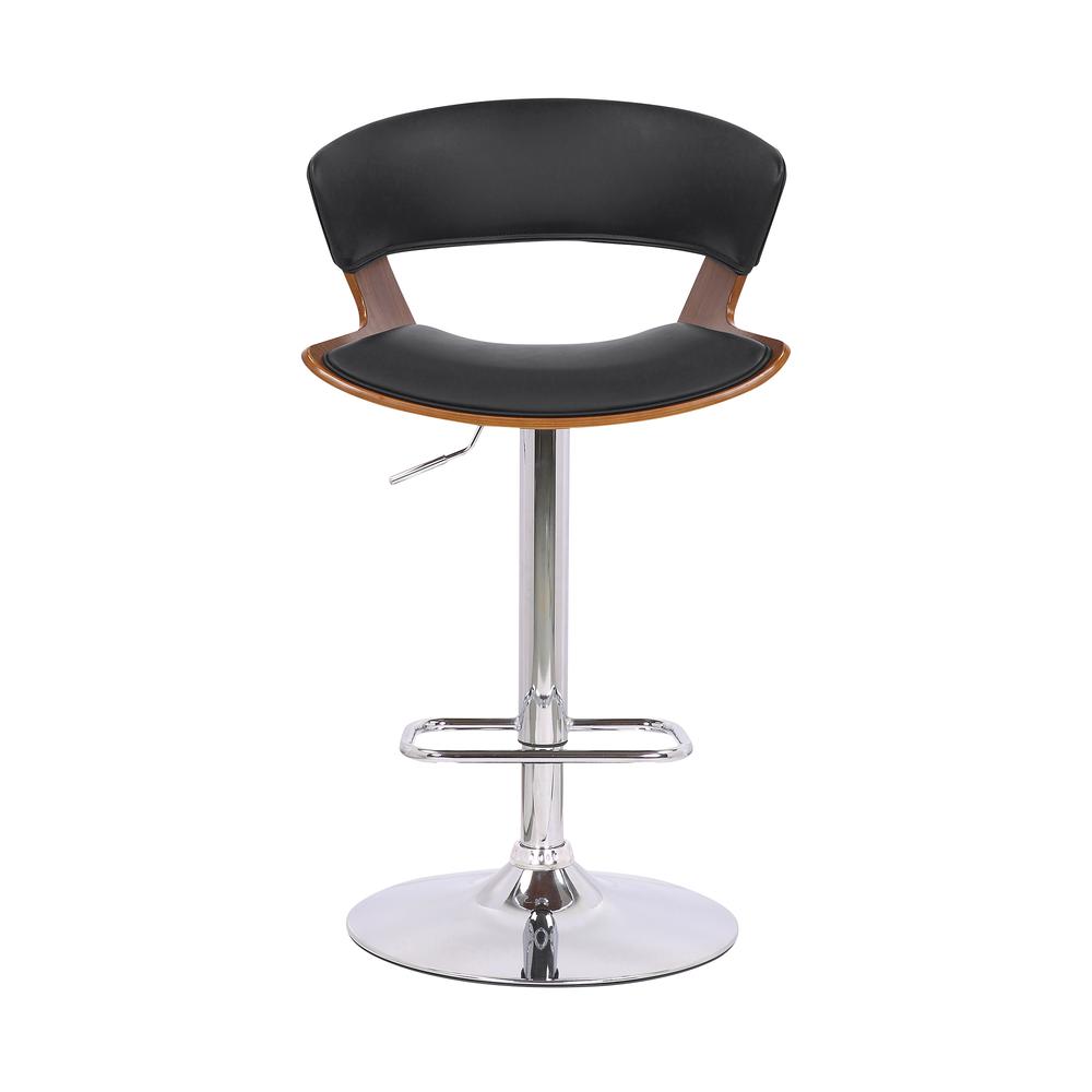 Karine Adjustable Swivel Black Faux Leather and Walnut Wood Bar Stool with Black Base. Picture 2