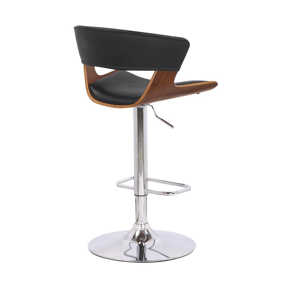 Karine Adjustable Swivel Black Faux Leather and Walnut Wood Bar Stool with Black Base. Picture 4