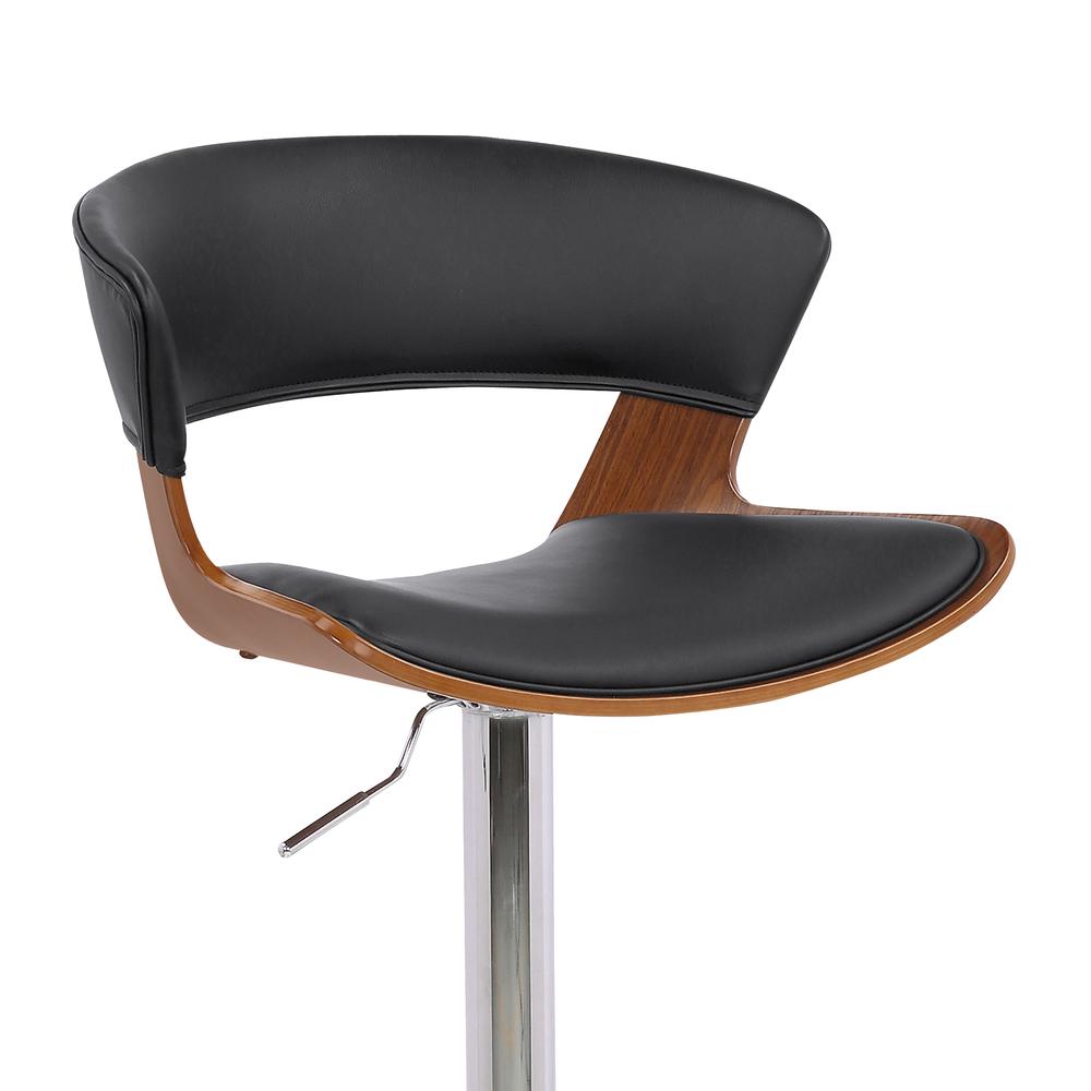 Karine Adjustable Swivel Black Faux Leather and Walnut Wood Bar Stool with Black Base. Picture 6