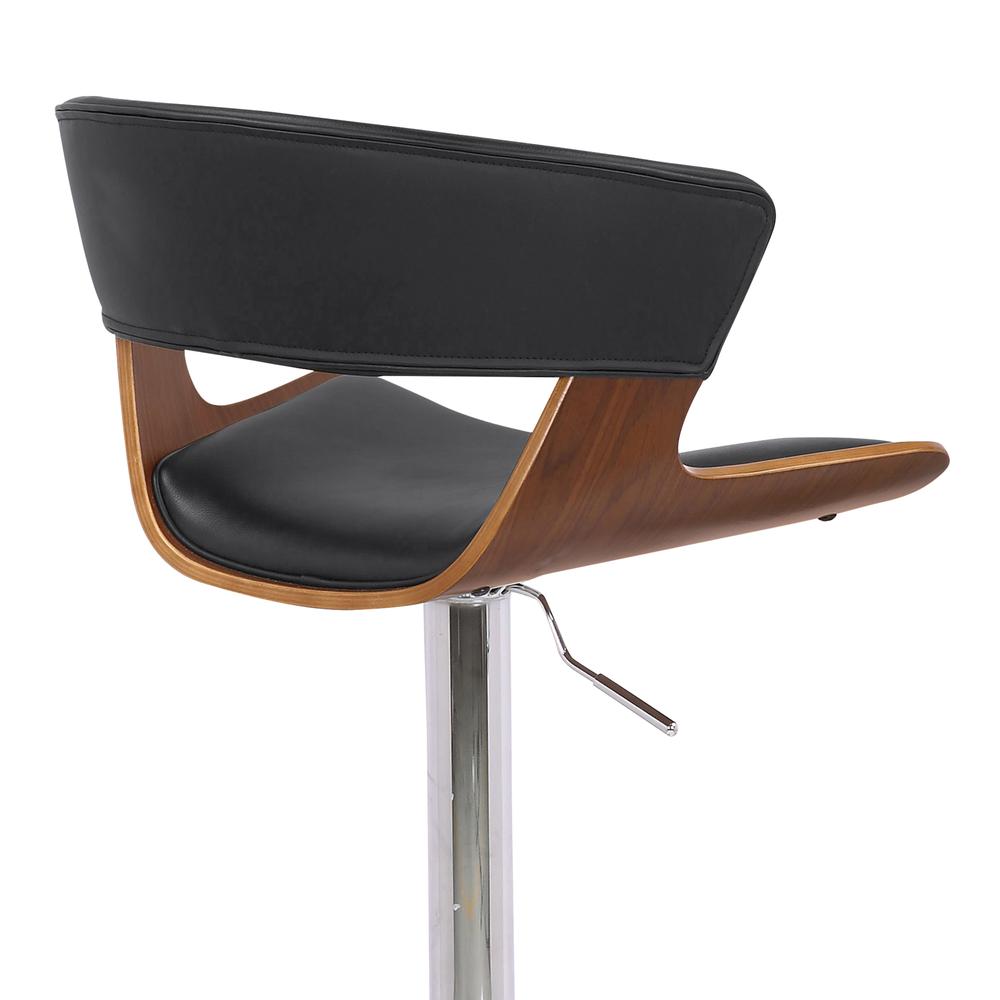 Karine Adjustable Swivel Black Faux Leather and Walnut Wood Bar Stool with Black Base. Picture 7