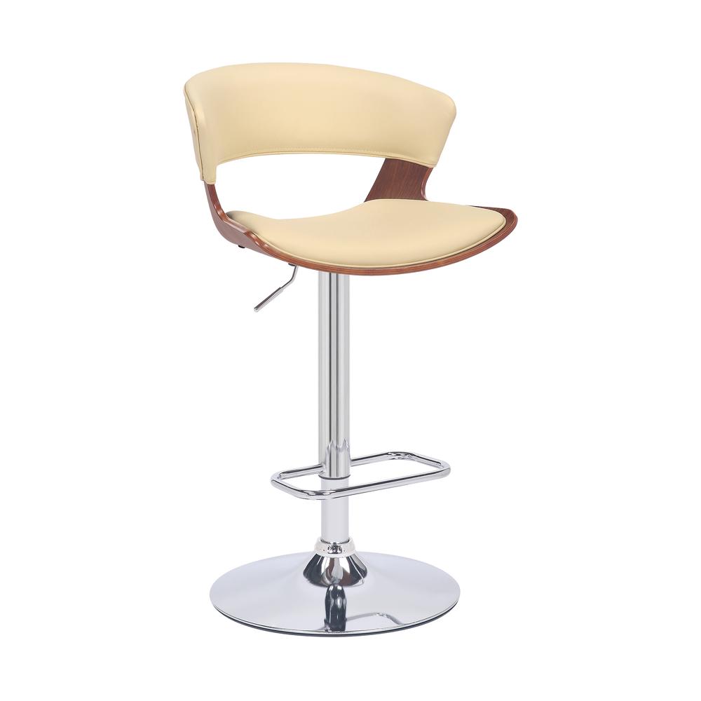 Karine Adjustable Swivel Cream Faux Leather and Walnut Wood Bar Stool with Black Base. The main picture.