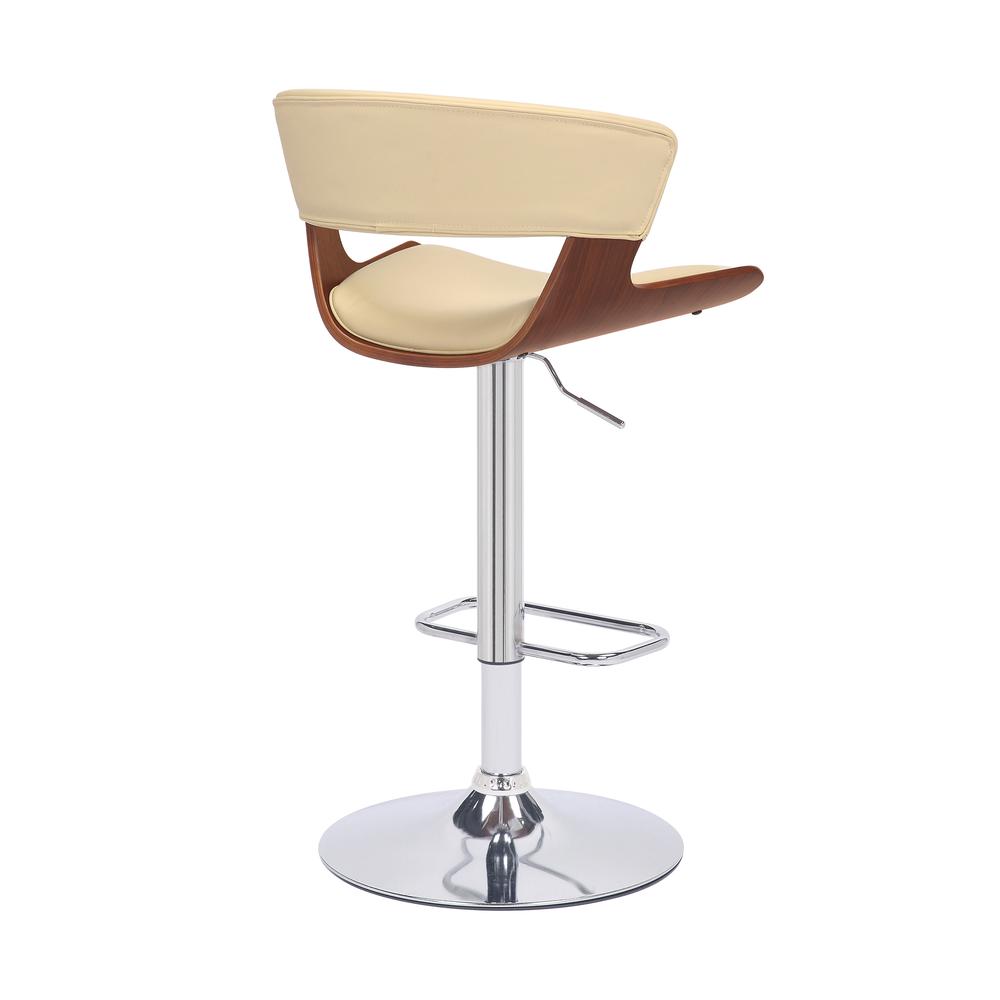 Karine Adjustable Swivel Cream Faux Leather and Walnut Wood Bar Stool with Black Base. Picture 4