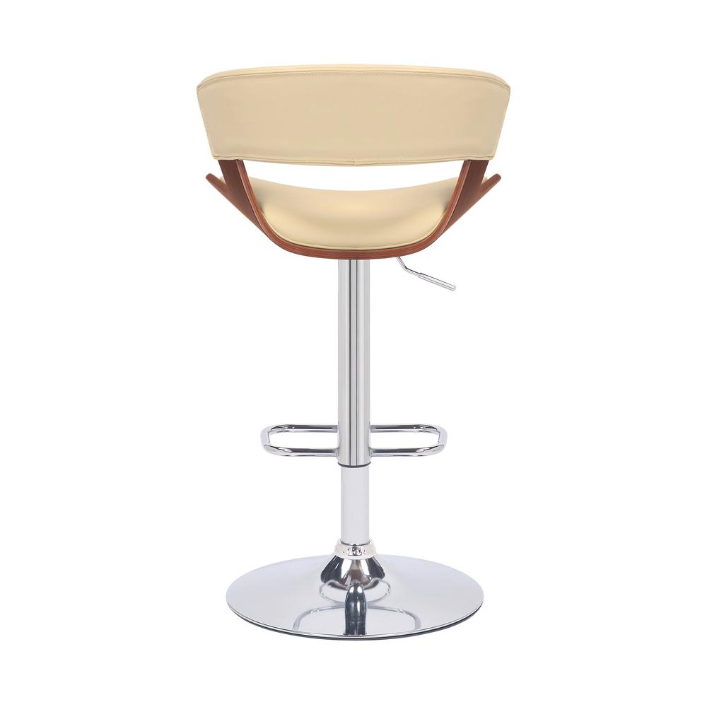 Karine Adjustable Swivel Cream Faux Leather and Walnut Wood Bar Stool with Black Base. Picture 5