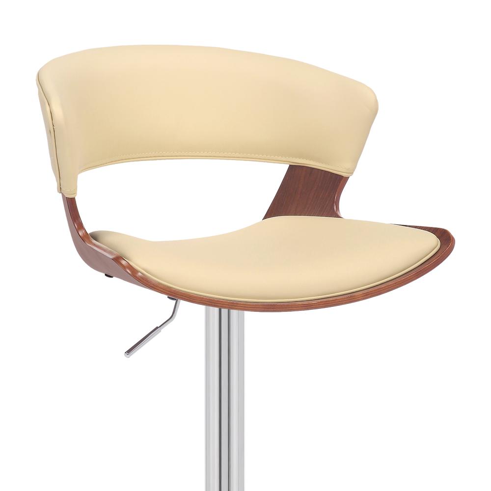 Karine Adjustable Swivel Cream Faux Leather and Walnut Wood Bar Stool with Black Base. Picture 6