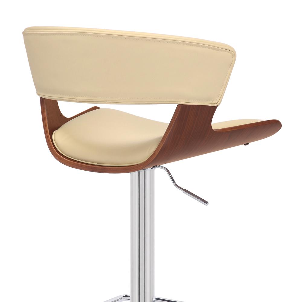 Karine Adjustable Swivel Cream Faux Leather and Walnut Wood Bar Stool with Black Base. Picture 7