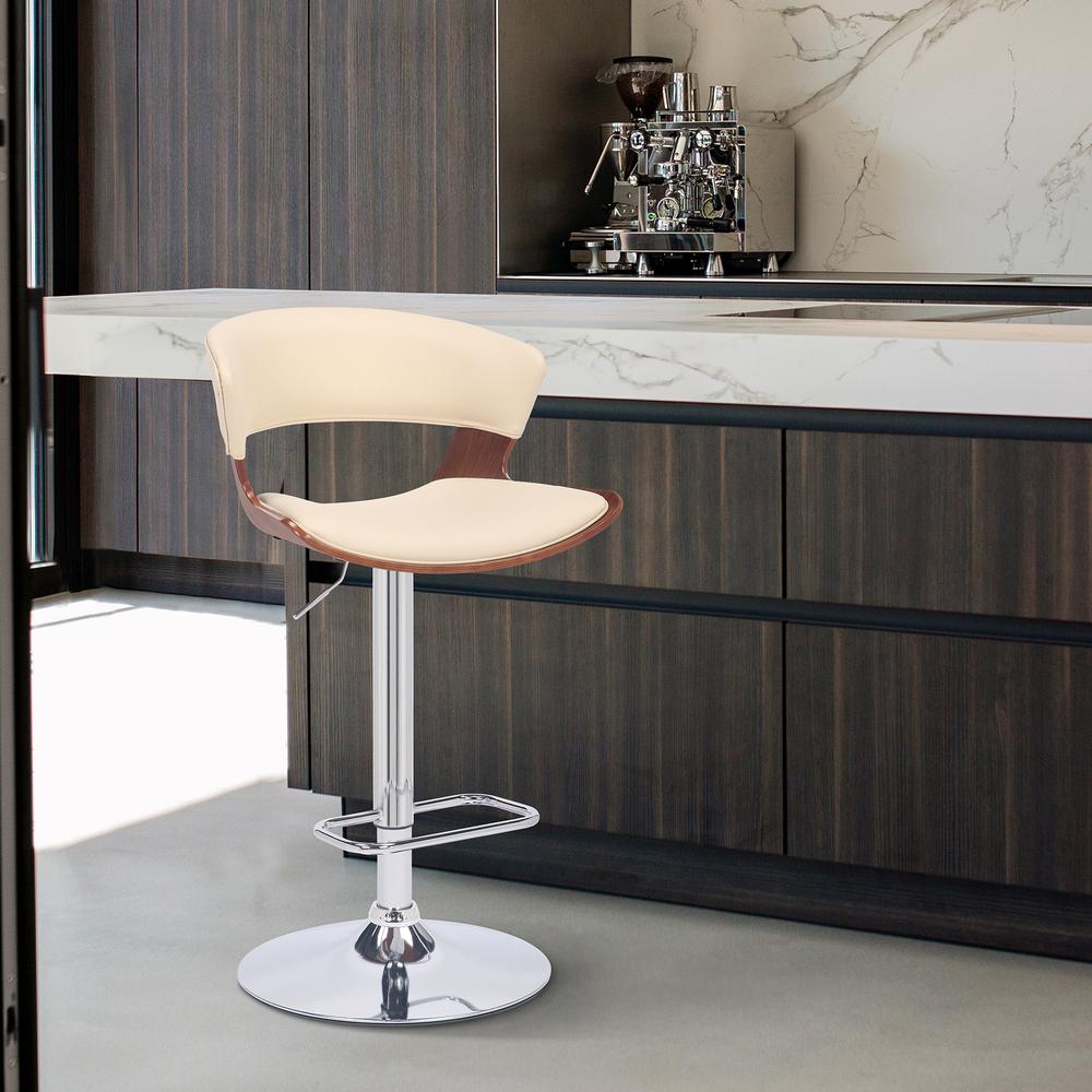 Karine Adjustable Swivel Cream Faux Leather and Walnut Wood Bar Stool with Black Base. Picture 10