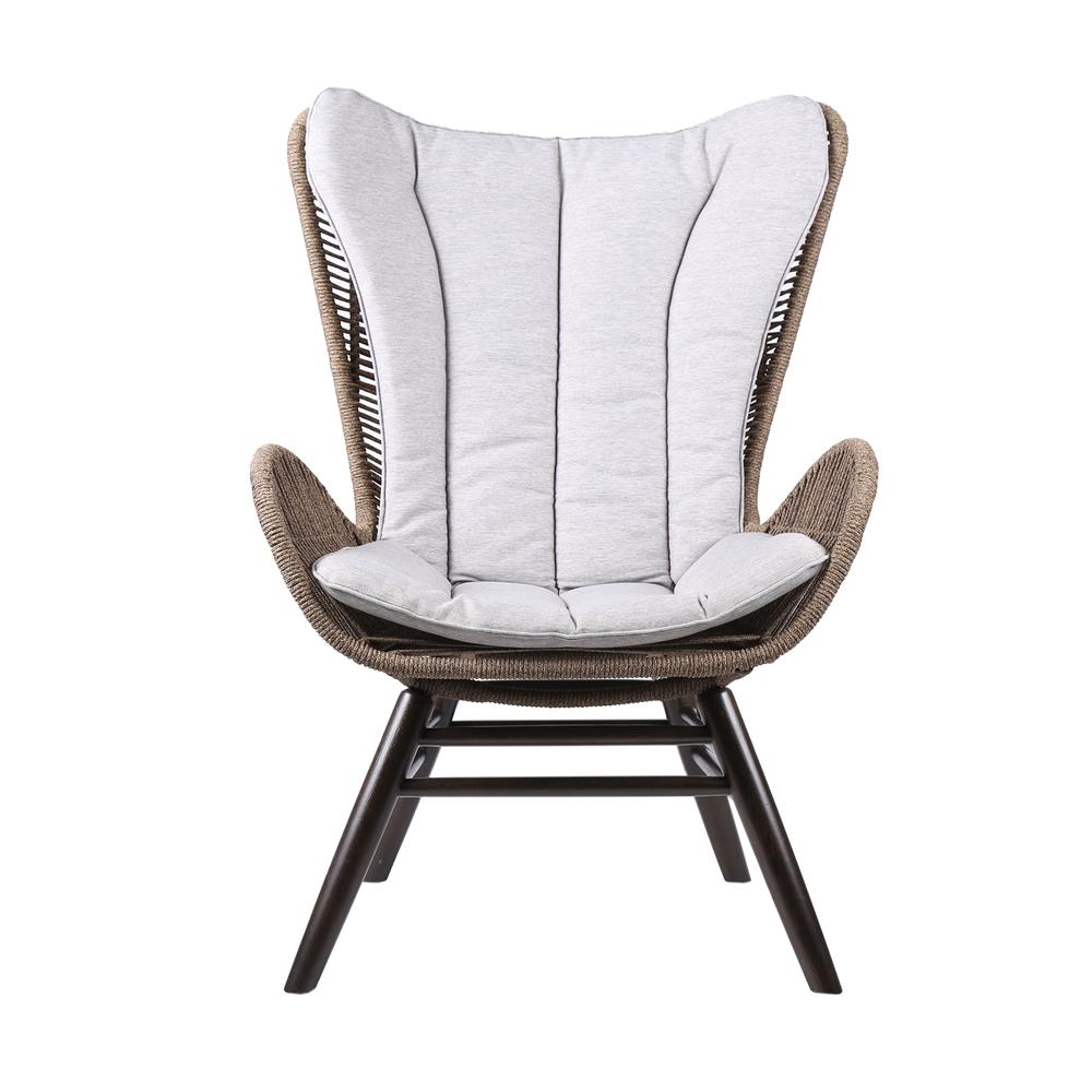 King Indoor Outdoor Lounge Chair in Dark Eucalyptus Wood with Truffle Rope and Grey Cushion. Picture 1