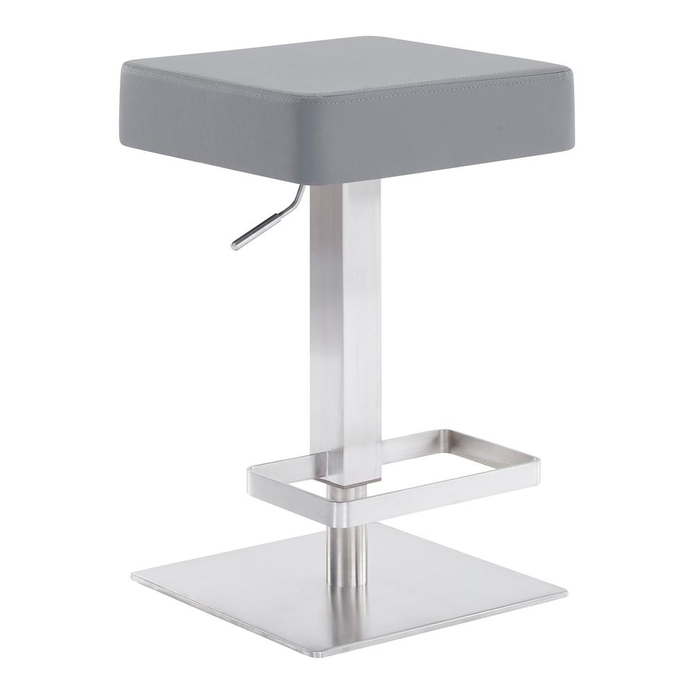Kaylee Contemporary Swivel Barstool in Brushed Stainless Steel and Grey Faux Leather. Picture 1