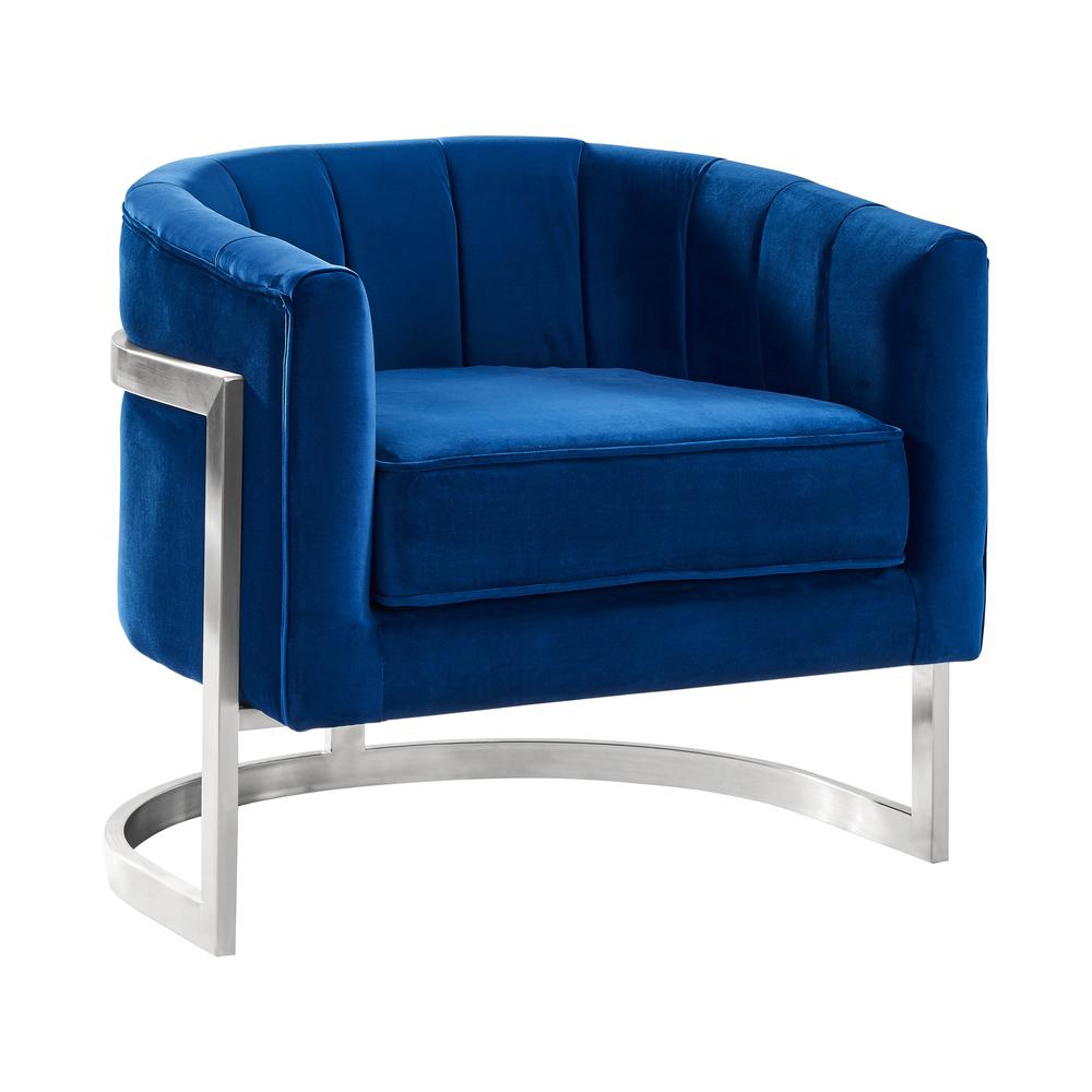 Contemporary Accent Chair in Blue Velvet and Brushed Stainless Steel Finish. Picture 1