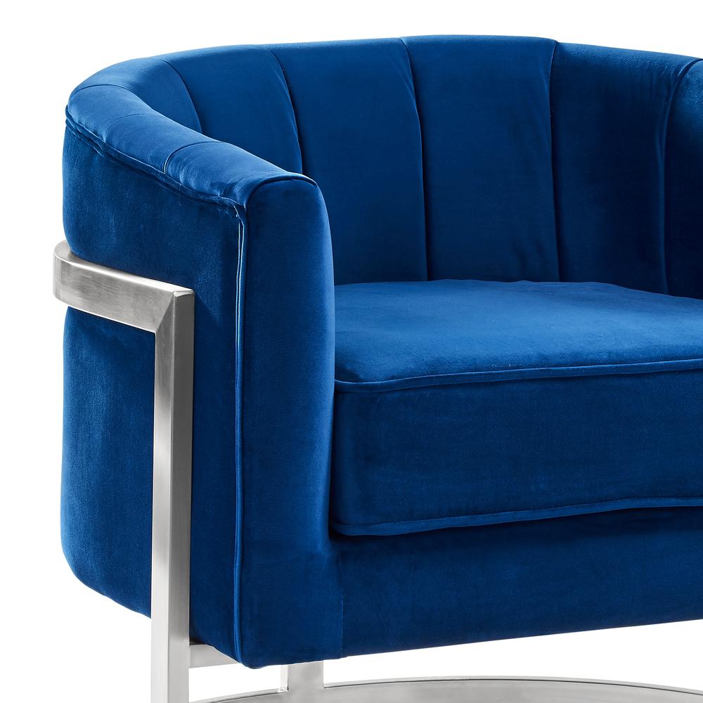 Armen Living Kamila Contemporary Accent Chair in Blue Velvet and Brushed Stainless Steel Finish. Picture 2