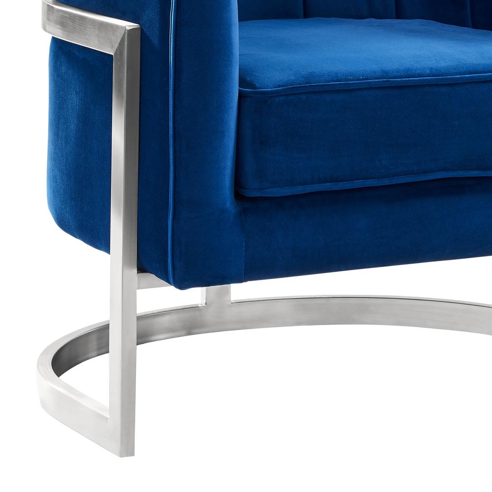 Armen Living Kamila Contemporary Accent Chair in Blue Velvet and Brushed Stainless Steel Finish. Picture 3
