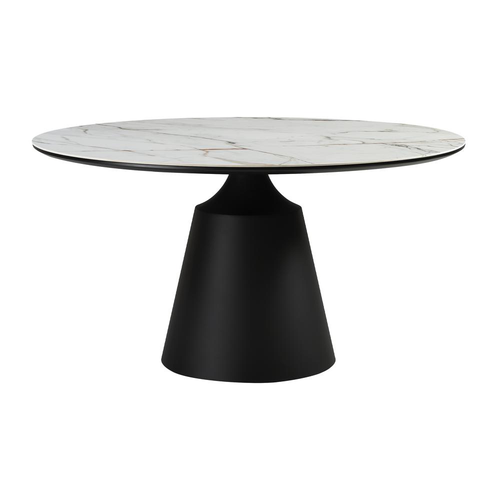 Knox Round Dining Table with Stone Top and Black Metal Base. Picture 1