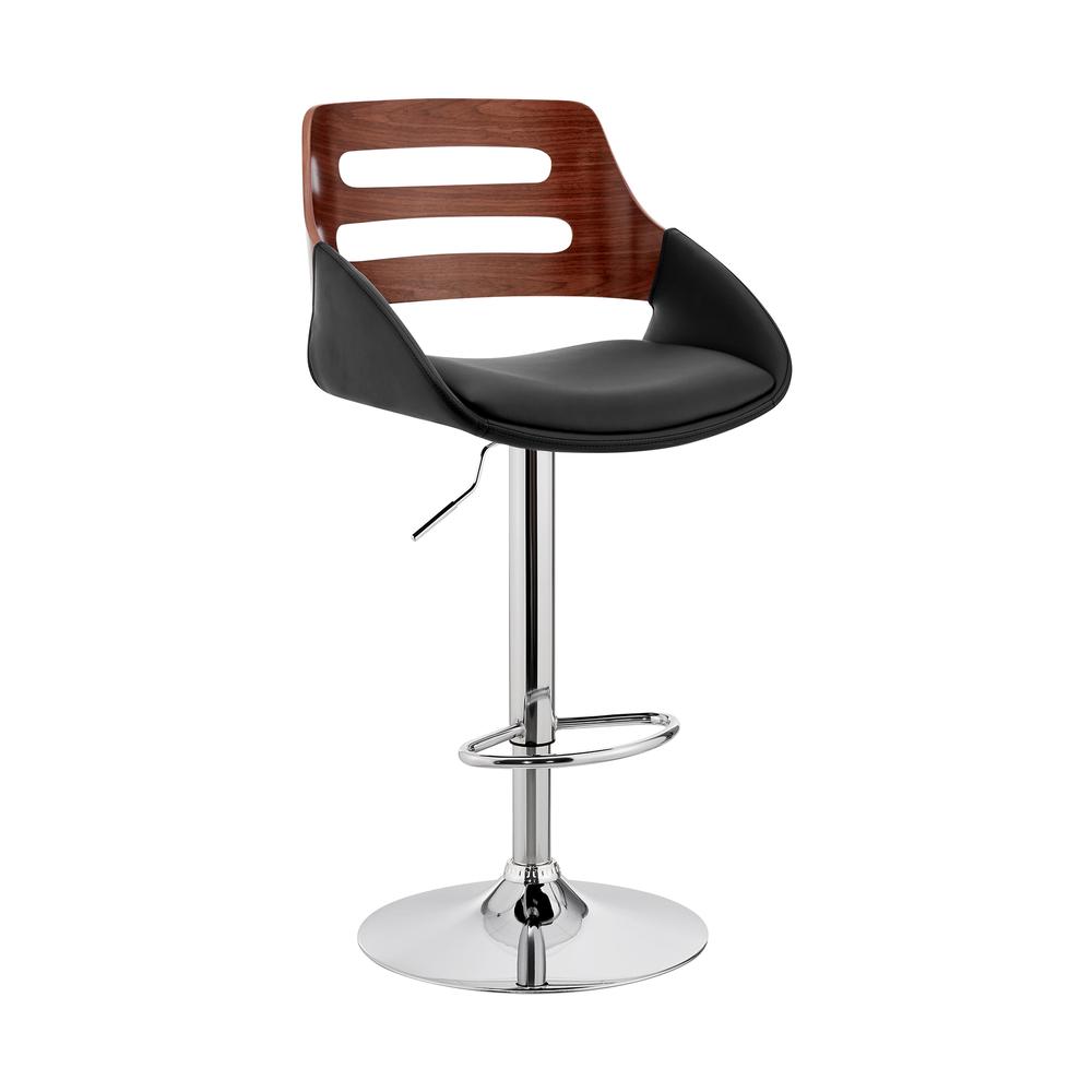 Karter Adjustable Black Faux Leather and Walnut Wood Bar Stool with Chrome Base. Picture 1
