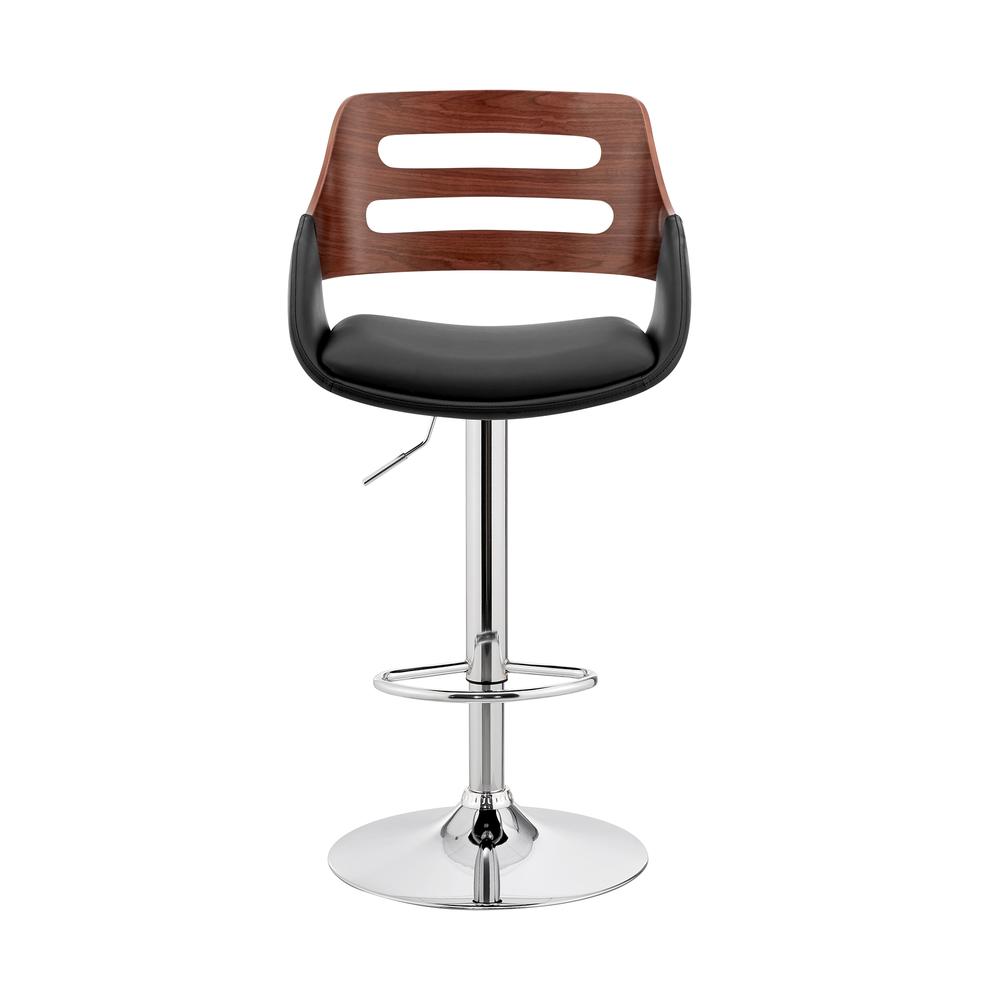 Karter Adjustable Black Faux Leather and Walnut Wood Bar Stool with Chrome Base. Picture 2
