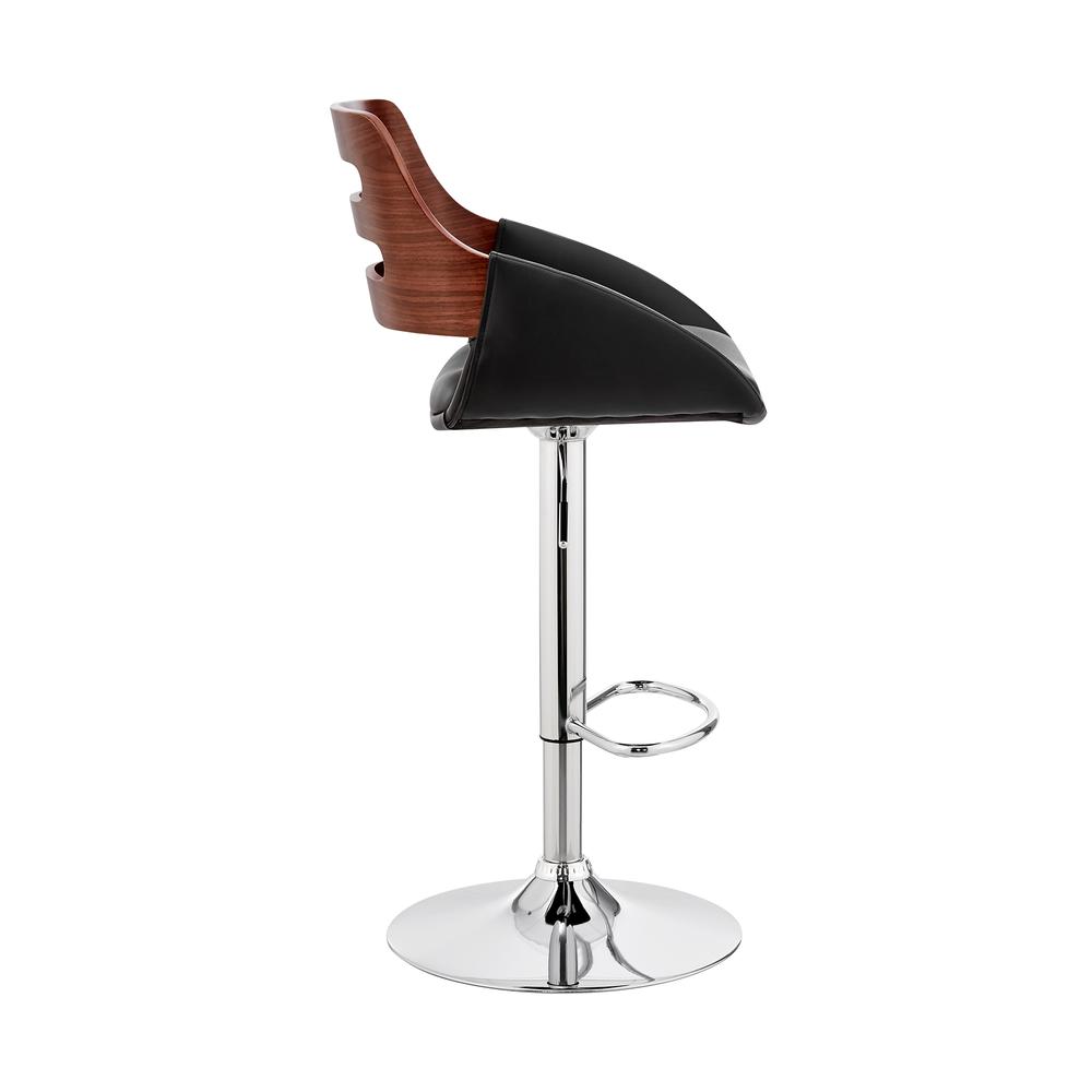 Karter Adjustable Black Faux Leather and Walnut Wood Bar Stool with Chrome Base. Picture 3
