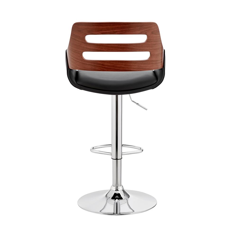Karter Adjustable Black Faux Leather and Walnut Wood Bar Stool with Chrome Base. Picture 5