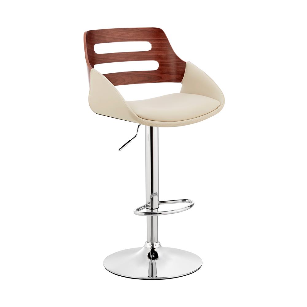 Karter Adjustable Cream Faux Leather and Walnut Wood Bar Stool with Chrome Base. The main picture.