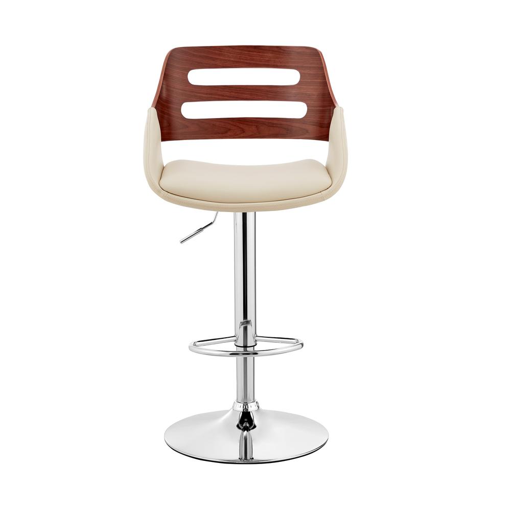Karter Adjustable Cream Faux Leather and Walnut Wood Bar Stool with Chrome Base. Picture 2