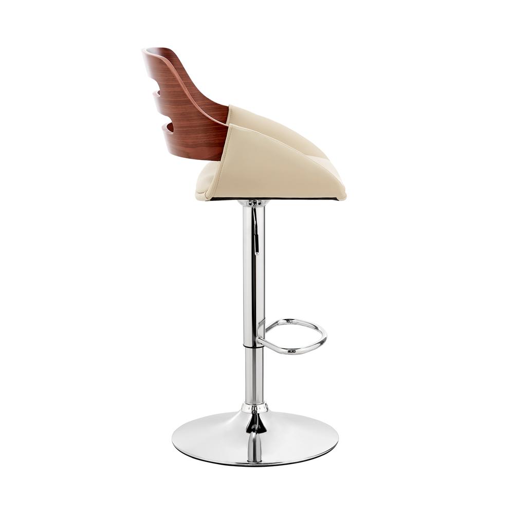 Karter Adjustable Cream Faux Leather and Walnut Wood Bar Stool with Chrome Base. Picture 3