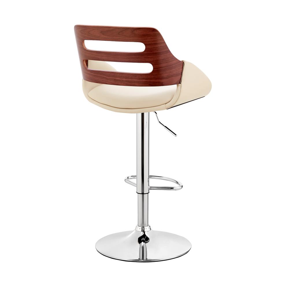 Karter Adjustable Cream Faux Leather and Walnut Wood Bar Stool with Chrome Base. Picture 4