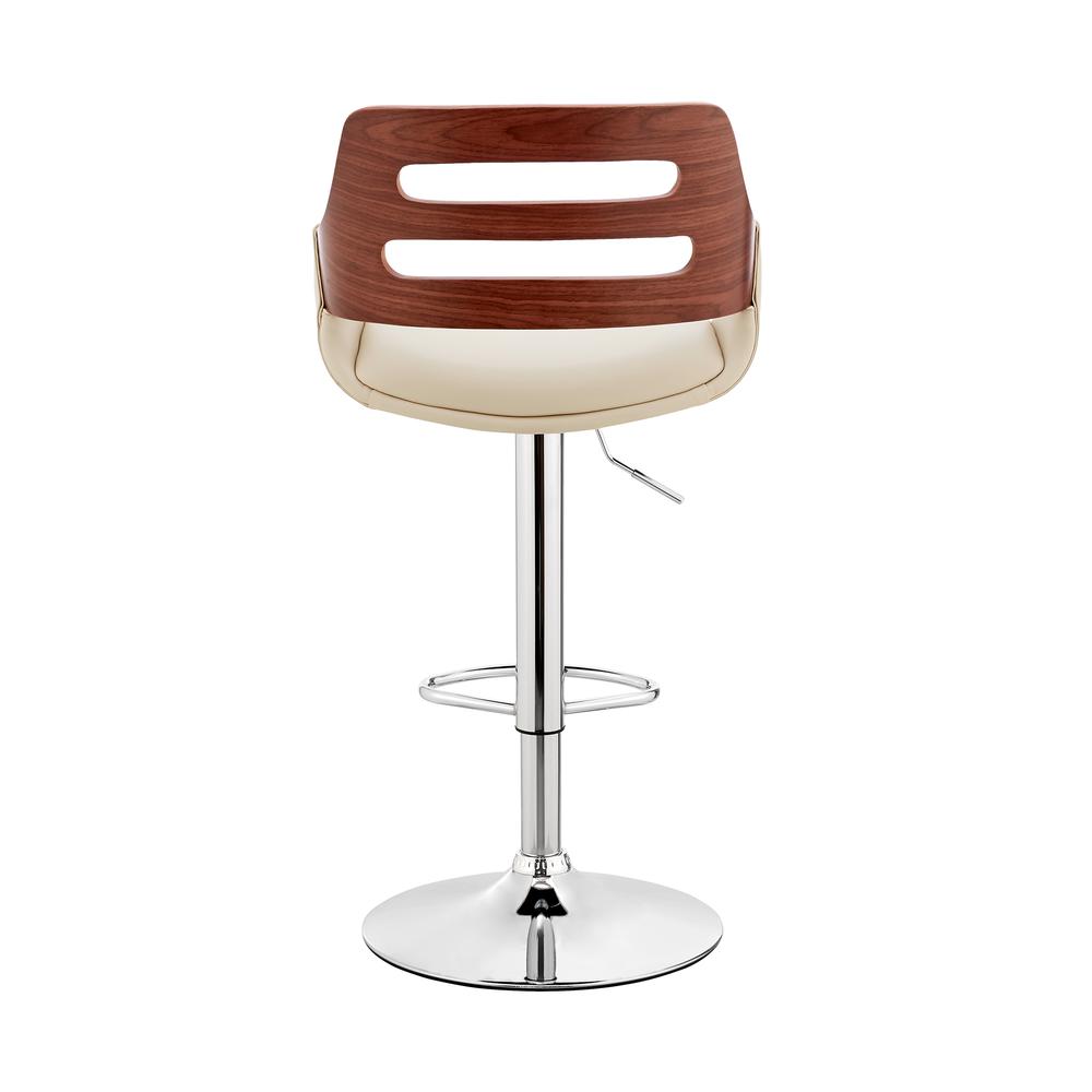 Karter Adjustable Cream Faux Leather and Walnut Wood Bar Stool with Chrome Base. Picture 5