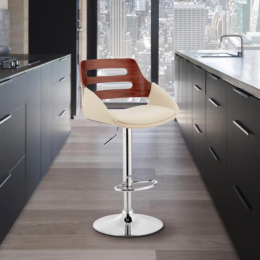 Karter Adjustable Cream Faux Leather and Walnut Wood Bar Stool with Chrome Base. Picture 6