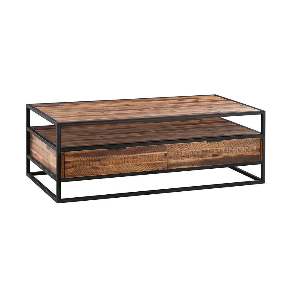 Ludgate Rectangle Coffee Table with Shelf in Acacia and Black Metal. Picture 1