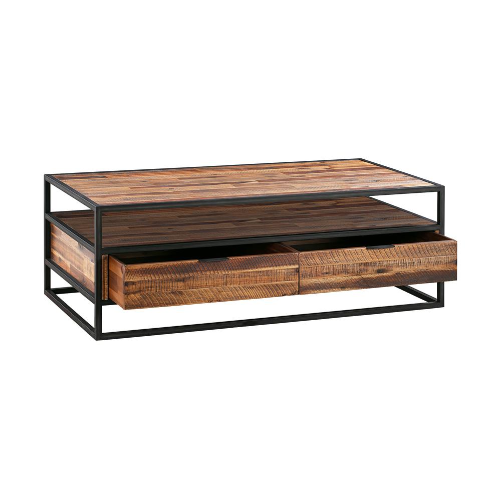 Ludgate Rectangle Coffee Table with Shelf in Acacia and Black Metal. Picture 2