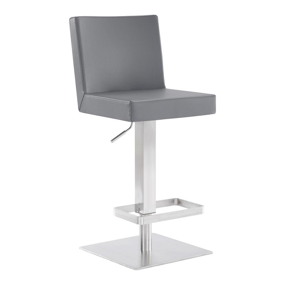 Legacy Contemporary Swivel Barstool in Brushed Stainless Steel and Grey Faux Leather. Picture 1