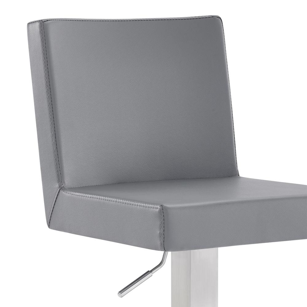 Legacy Contemporary Swivel Barstool in Brushed Stainless Steel and Grey Faux Leather. Picture 5