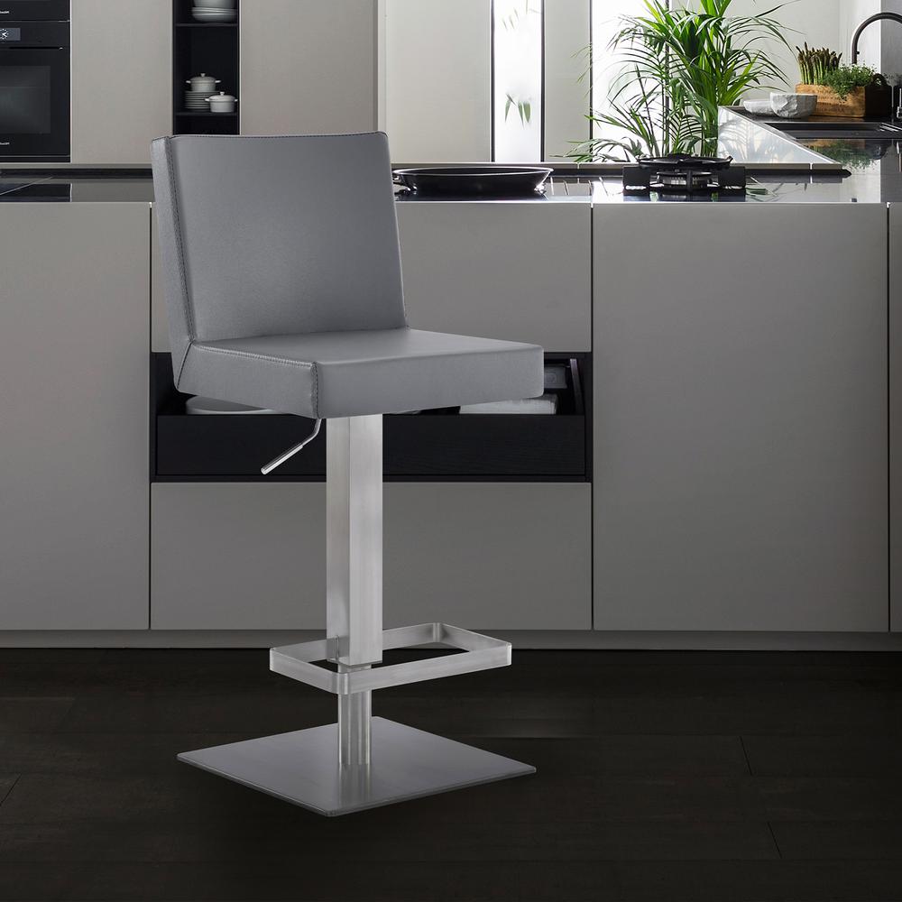 Contemporary Swivel Barstool in Brushed Stainless Steel Grey Faux Leather. Picture 8