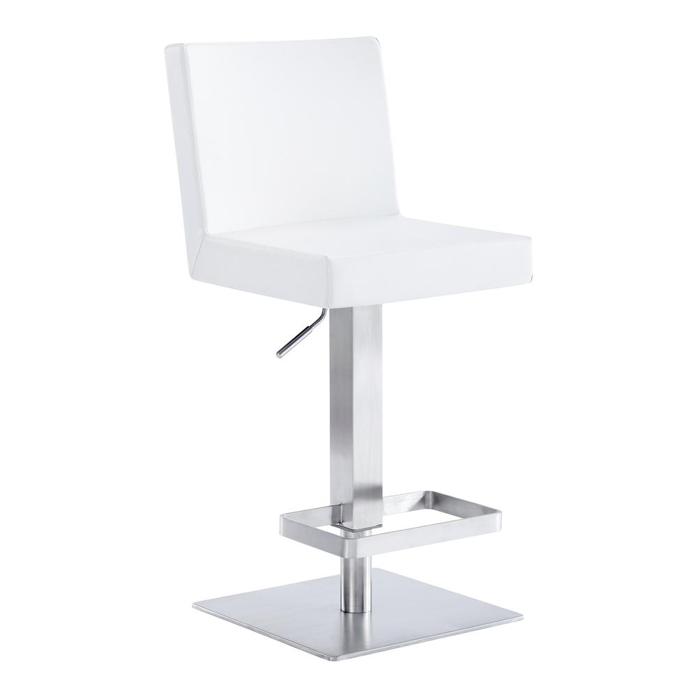 Contemporary Swivel Barstool in Brushed Stainless Steel and White Faux Leather. The main picture.